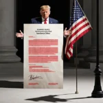 Trump gesturing over redacted federal funding document with limp American flag and government building shadows