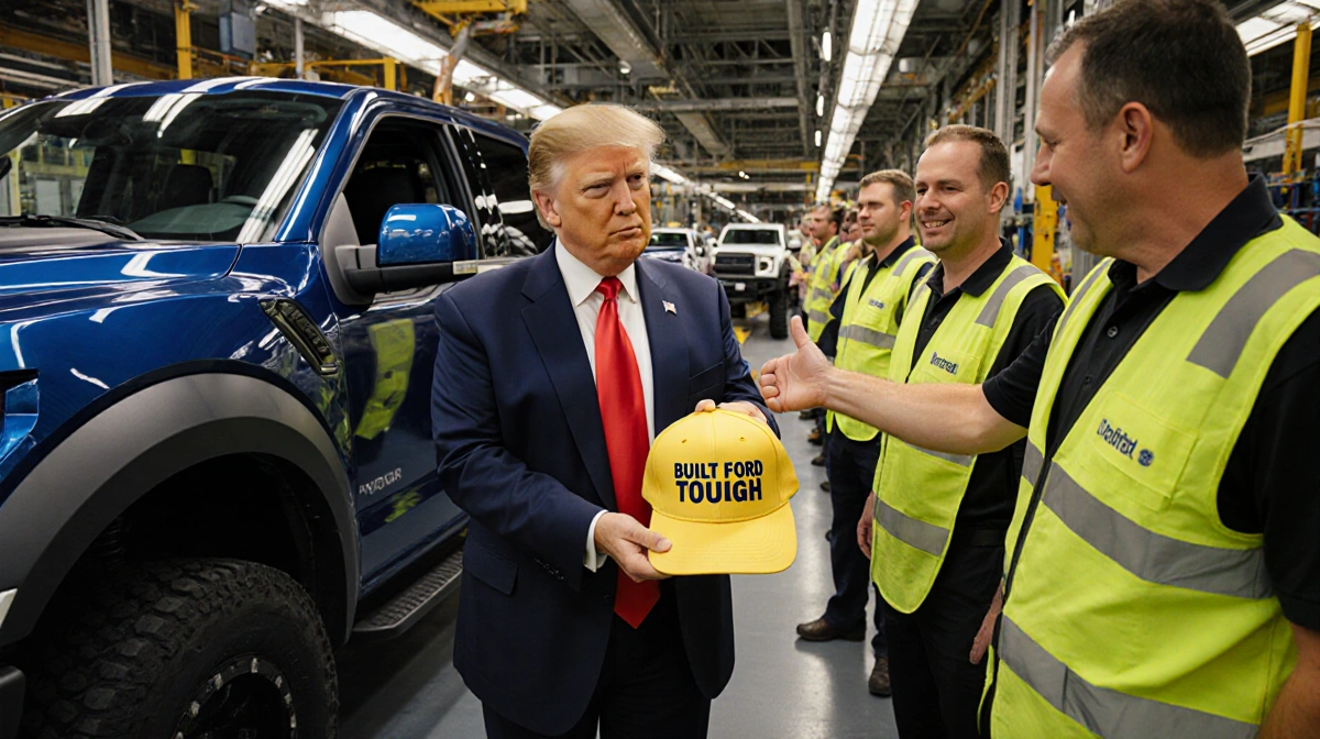 Donald Trump receives Ford hat from worker with Bill Ford and pickup trucks on factory floor