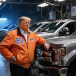 Trump stands beside a finished Ford pickup truck on the factory floor with assembly lines and trucks in background