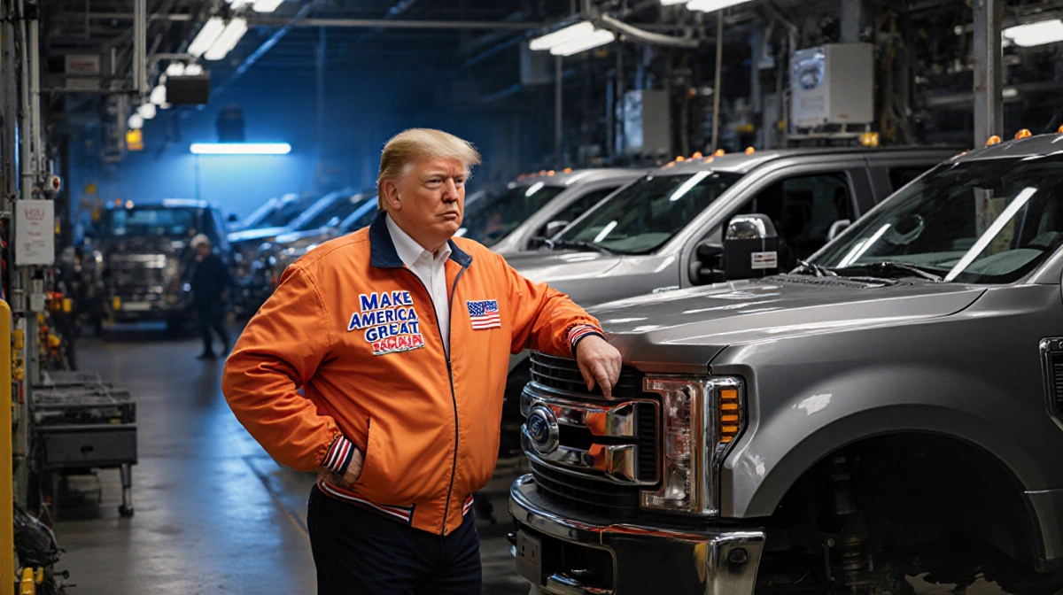 Trump stands beside a finished Ford pickup truck on the factory floor with assembly lines and trucks in background