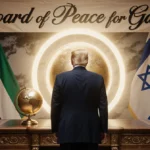 Donald Trump stands at ornate desk with golden globe and peace banner showing unity flags