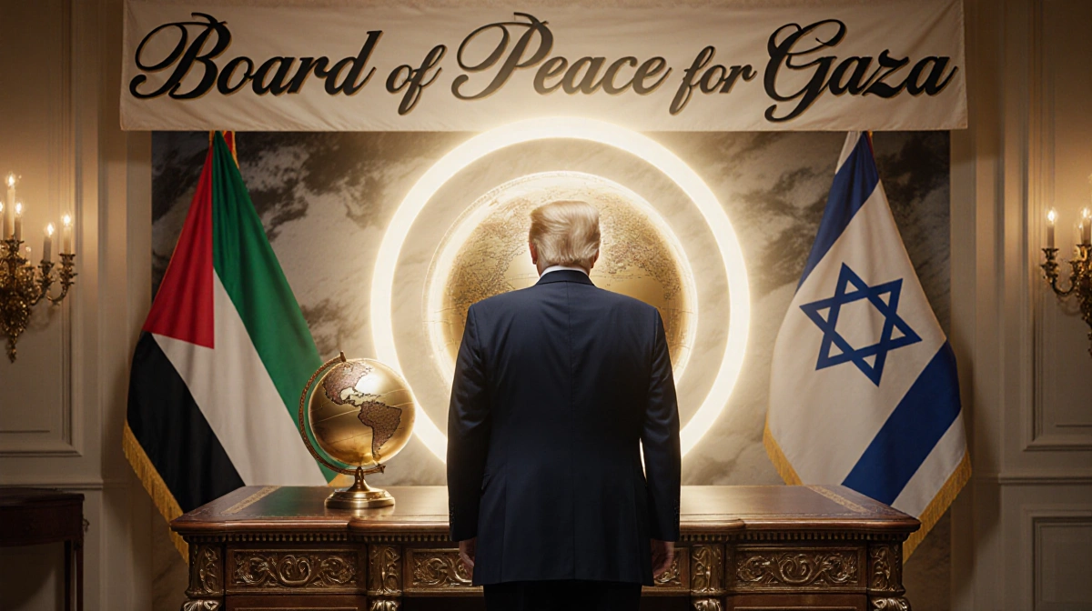 Donald Trump stands at ornate desk with golden globe and peace banner showing unity flags