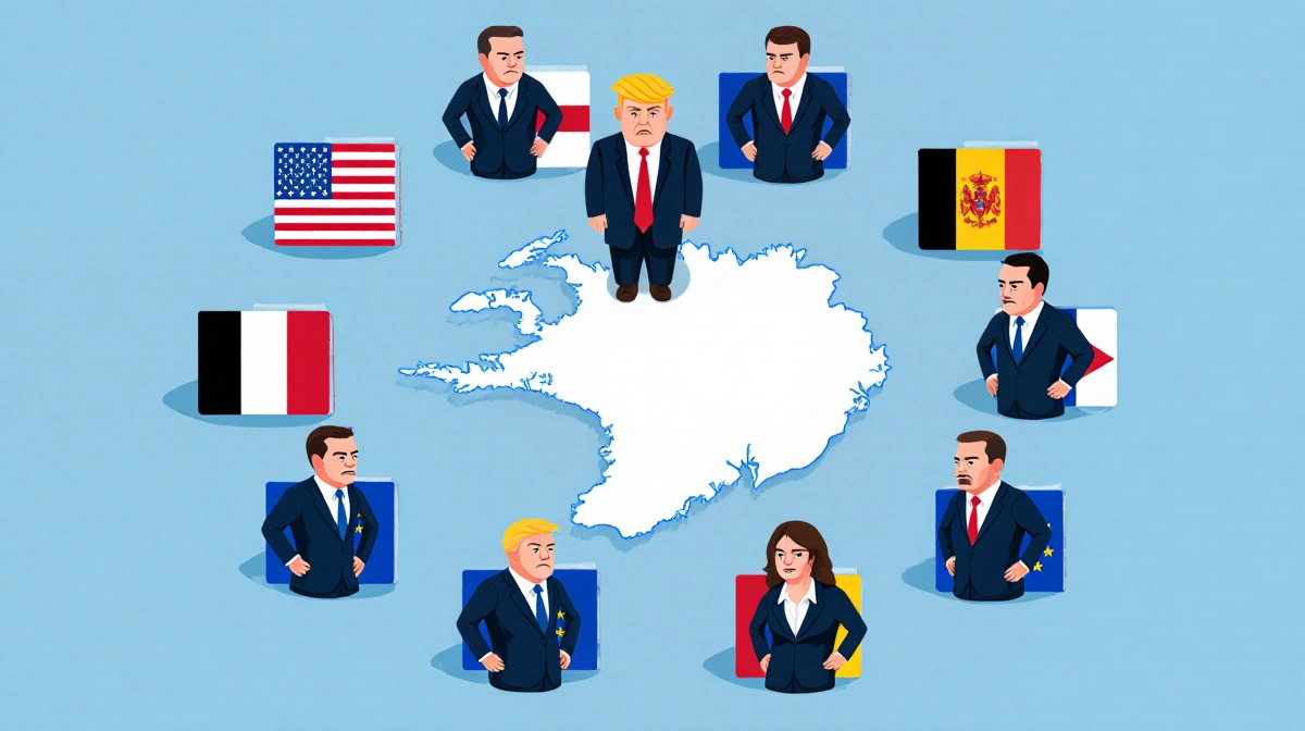 Donald Trump presenting purchase agreement with stern EU representatives surrounding Greenland map