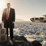 Donald Trump stands on rocky cliff with EU shipping crates and cargo ship sailing through icy Greenland waters