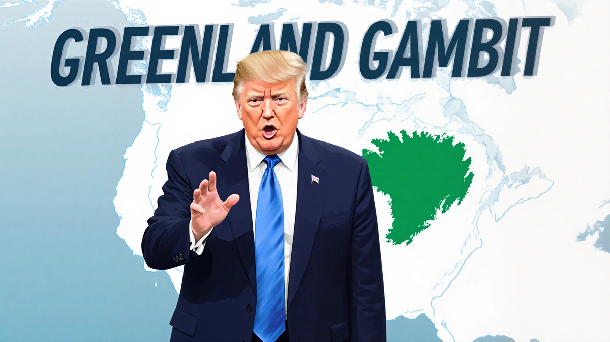 President Trump gesturing toward Greenland on a large North American map with bold Greenland Gambit title.