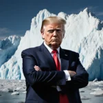 Donald Trump stands with arms crossed before a towering ice formation with Greenland map and Norwegian territory visible behi