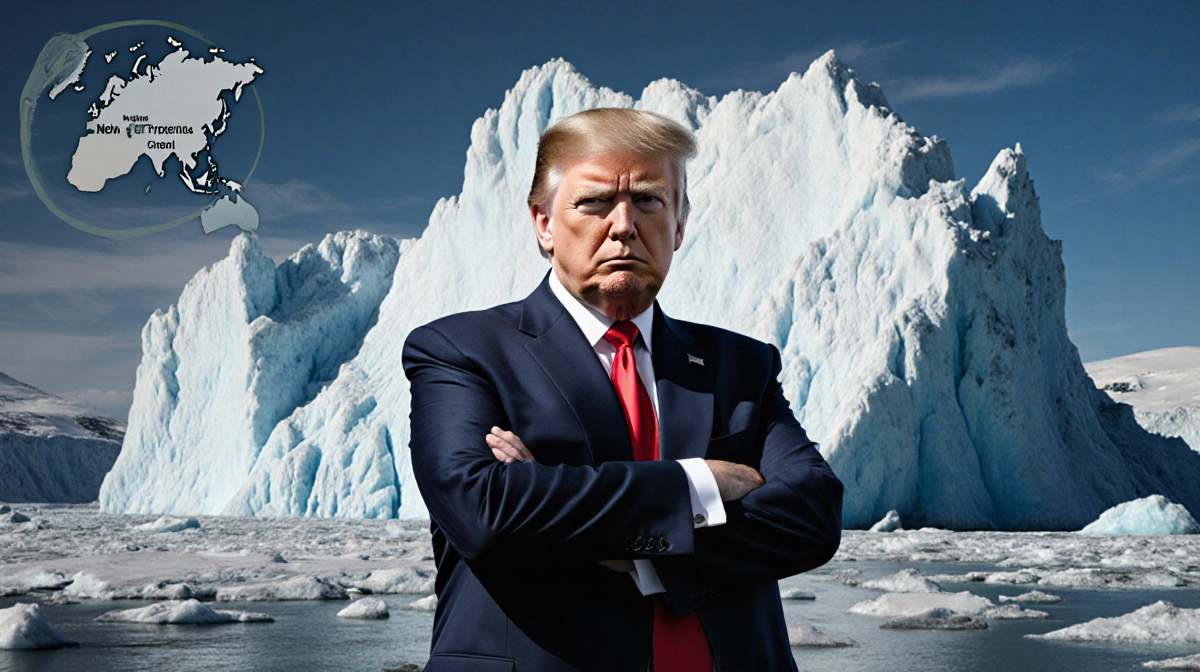 Donald Trump stands with arms crossed before a towering ice formation with Greenland map and Norwegian territory visible behi