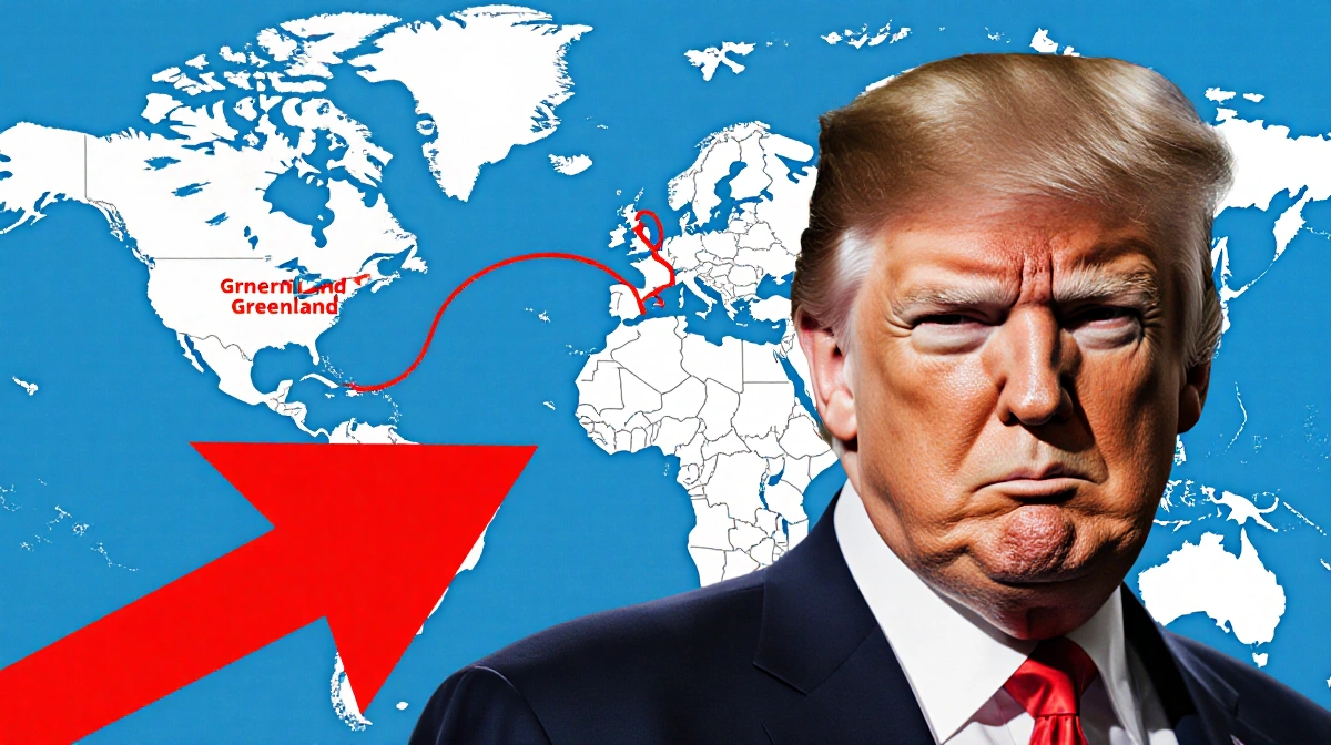 Donald Trump pointing at Greenland map with red arrow showing acquisition intent