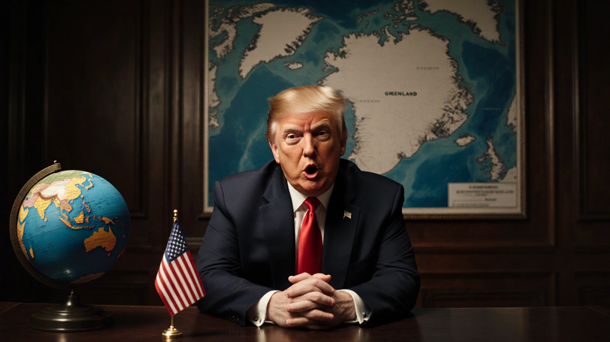 Trump sits thoughtfully with Greenland map behind him and American flag beside globe