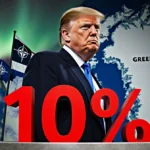 Donald Trump stands before Greenland map with NATO flags and aurora overhead