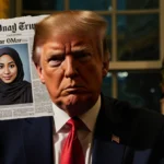 President Trump stares sternly with Ilhan Omar