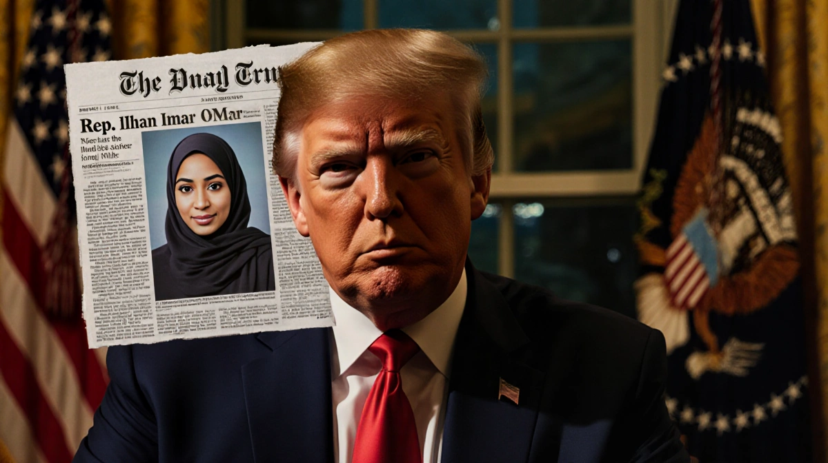 President Trump stares sternly with Ilhan Omar
