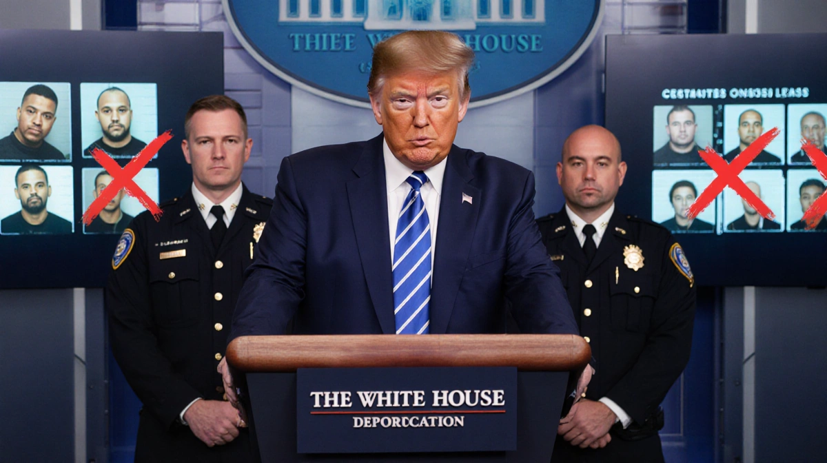 Trump speaking at podium with mugshots showing red Xs and ICE agents watching.