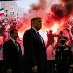 President Trump stands before giant screen showing Iran protests with military advisors beside him