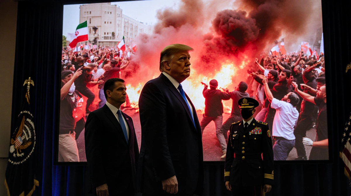 President Trump stands before giant screen showing Iran protests with military advisors beside him