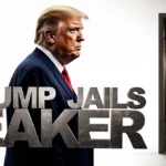 Donald Trump stands before jail cell with bold headline reading Trump Jails Leaker and press conference backdrop