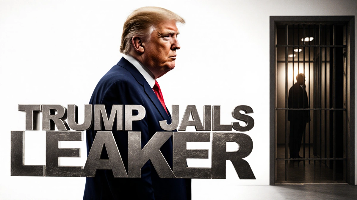 Donald Trump stands before jail cell with bold headline reading Trump Jails Leaker and press conference backdrop