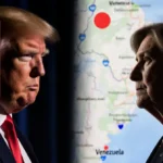 Two politicians face each other with harsh lighting and a blurred Venezuela map behind them