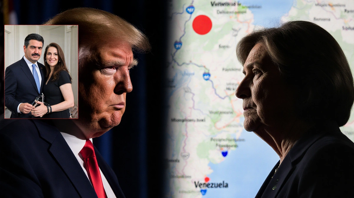 Two politicians face each other with harsh lighting and a blurred Venezuela map behind them