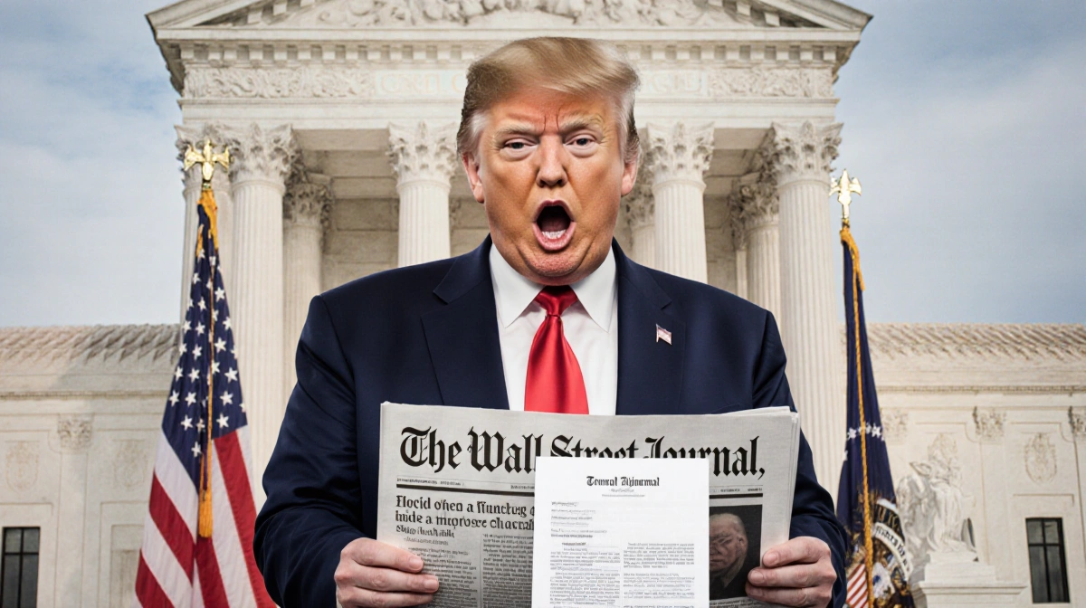Donald Trump clutching a Wall Street Journal article with shock on his face and legal papers at his feet