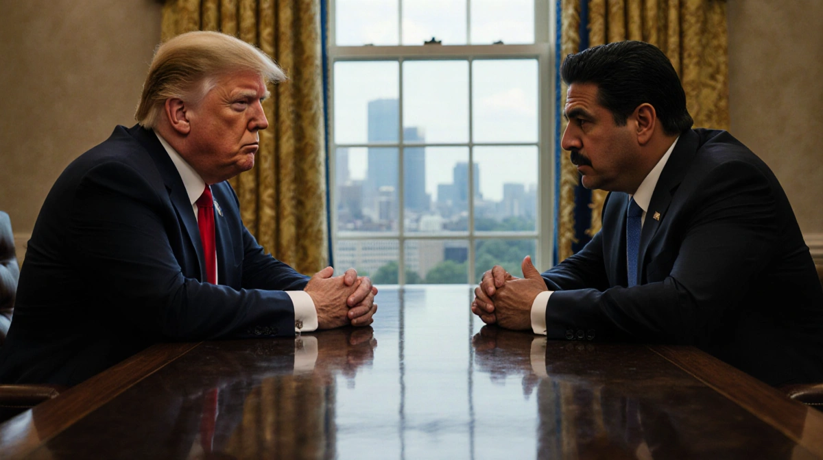 President Trump sits across from Nicolás Maduro at wooden table with Minneapolis skyline visible through window behind