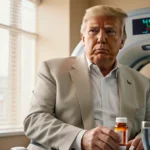 Donald Trump sits holding a bottle of aspirin with a CT scanner behind and a glass of water on table.