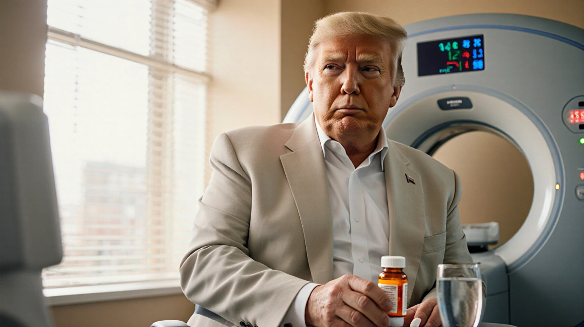 Donald Trump sits holding a bottle of aspirin with a CT scanner behind and a glass of water on table.
