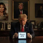 Donald Trump sits unimpressed at desk with Melania documentary poster behind him and holds tablet showing Pieces of It
