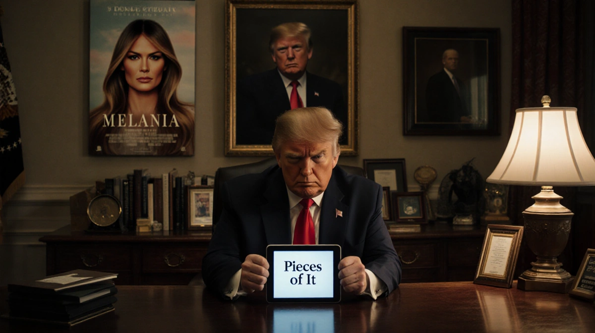 Donald Trump sits unimpressed at desk with Melania documentary poster behind him and holds tablet showing Pieces of It
