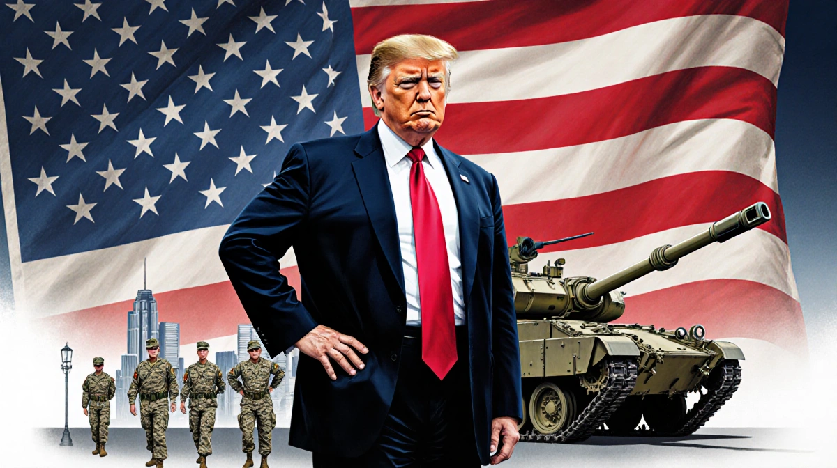 President Trump stands with hand on hip before American flag with military tank and soldiers behind him