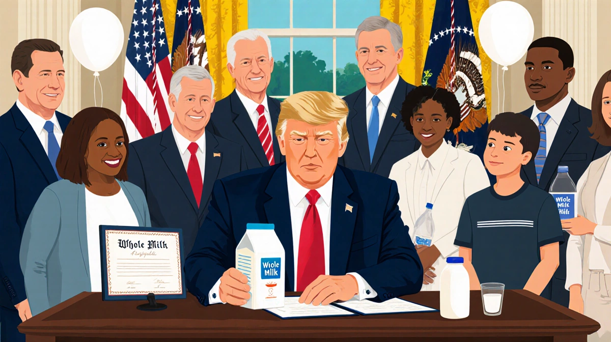 President Trump signing ceremony with milk carton and bipartisan lawmakers with American flags