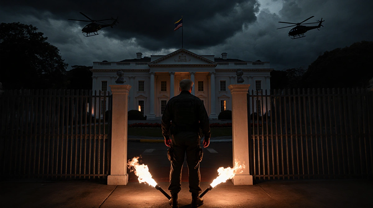 Donald Trump stands before a replica compound with blowtorches at his feet and nighttime stormy sky with helicopters.