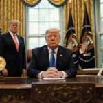 Donald Trump sits in ornate chair with Nobel Peace Prize medal on pedestal and opposition leader standing beside him