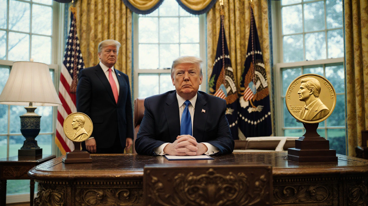Donald Trump sits in ornate chair with Nobel Peace Prize medal on pedestal and opposition leader standing beside him