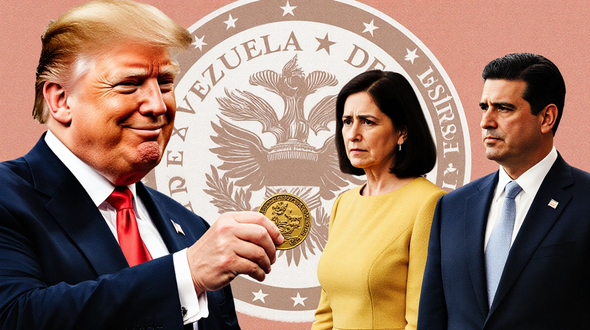 Trump holding Nobel Peace Prize medal with concerned Machado and confident Rodríguez nearby