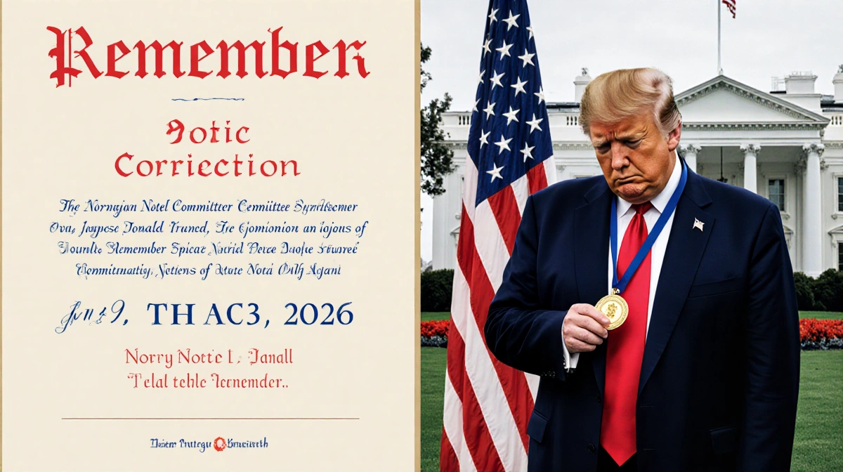 Donald Trump holding Nobel Peace Prize medal with White House and red correction notice in background