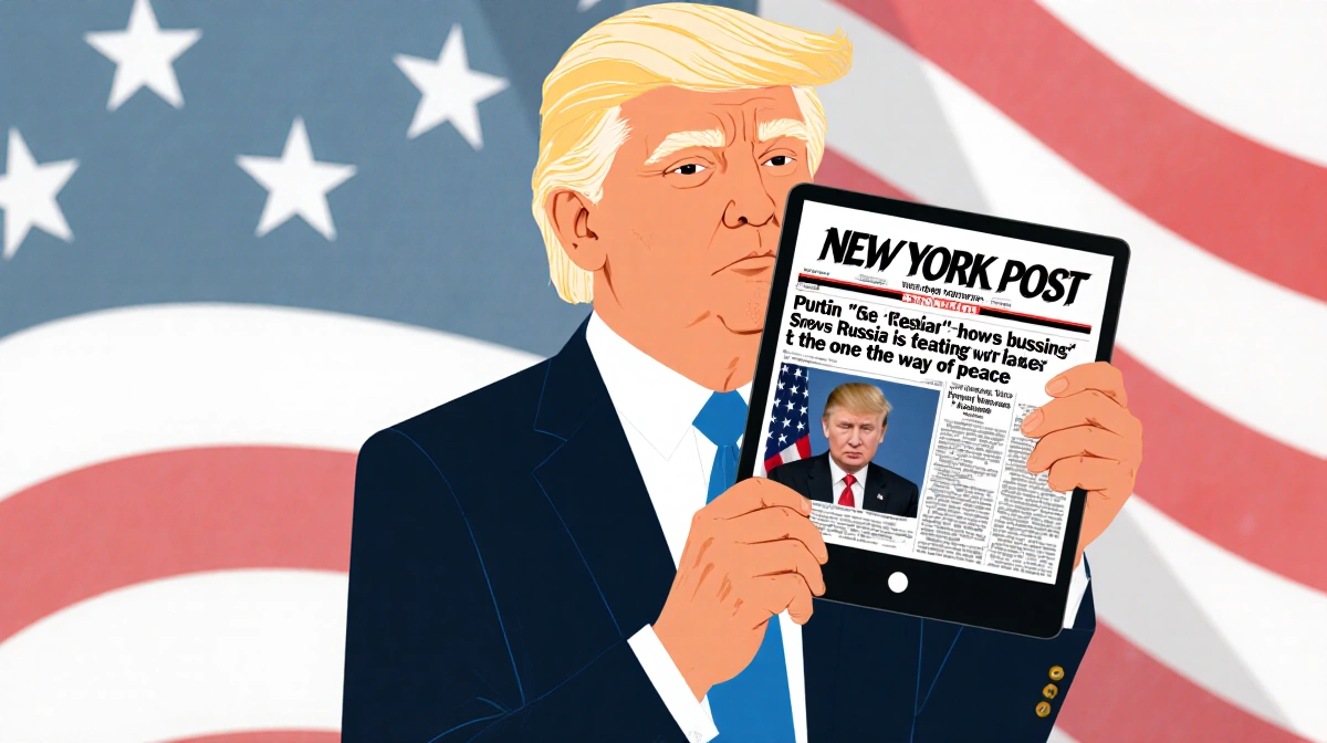 Donald Trump holding a tablet showing a New York Post headline with a subtle U.S. flag in the background