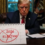 Donald Trump stands frustrated in cluttered Oval Office with 2026 calendar showing No Election crossed out