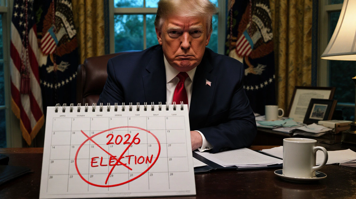 Donald Trump stands frustrated in cluttered Oval Office with 2026 calendar showing No Election crossed out
