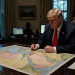 President Trump studying Middle East map on Oval Office desk with stern expression and papers glowing nearby