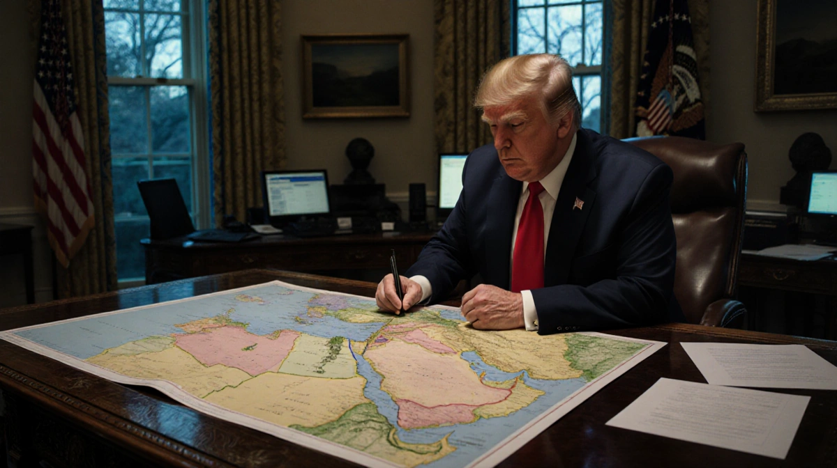 President Trump studying Middle East map on Oval Office desk with stern expression and papers glowing nearby