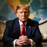 Trump standing behind desk with intense gaze and blurred map of Venezuela behind him in the Oval Office