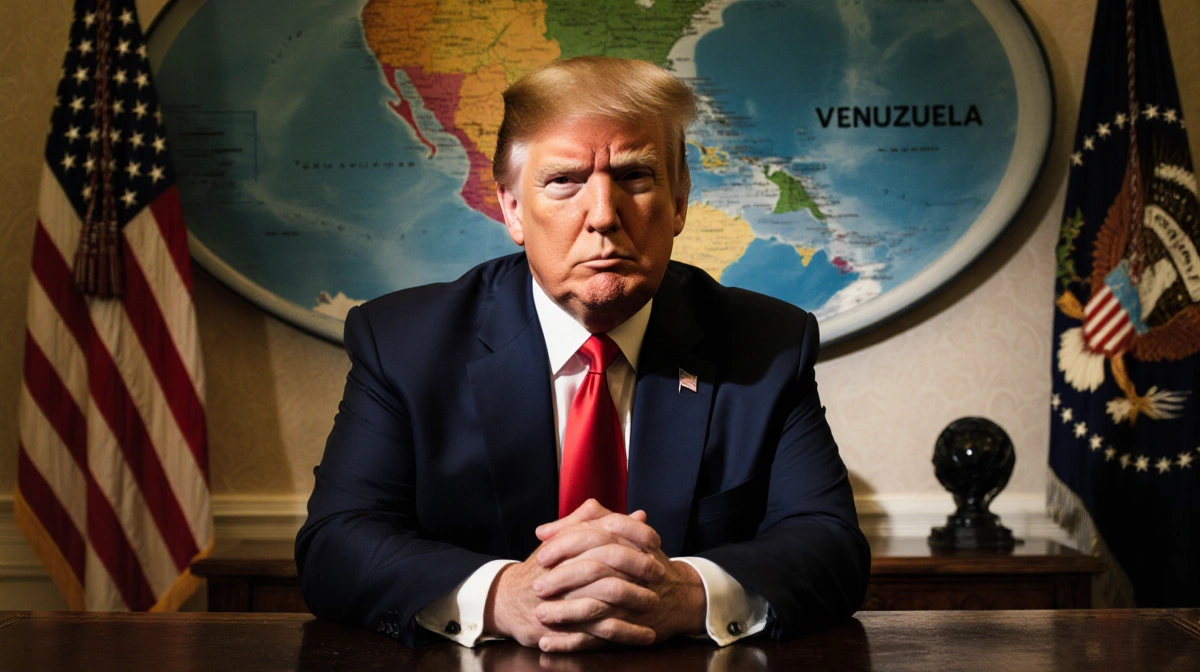 Trump standing behind desk with intense gaze and blurred map of Venezuela behind him in the Oval Office