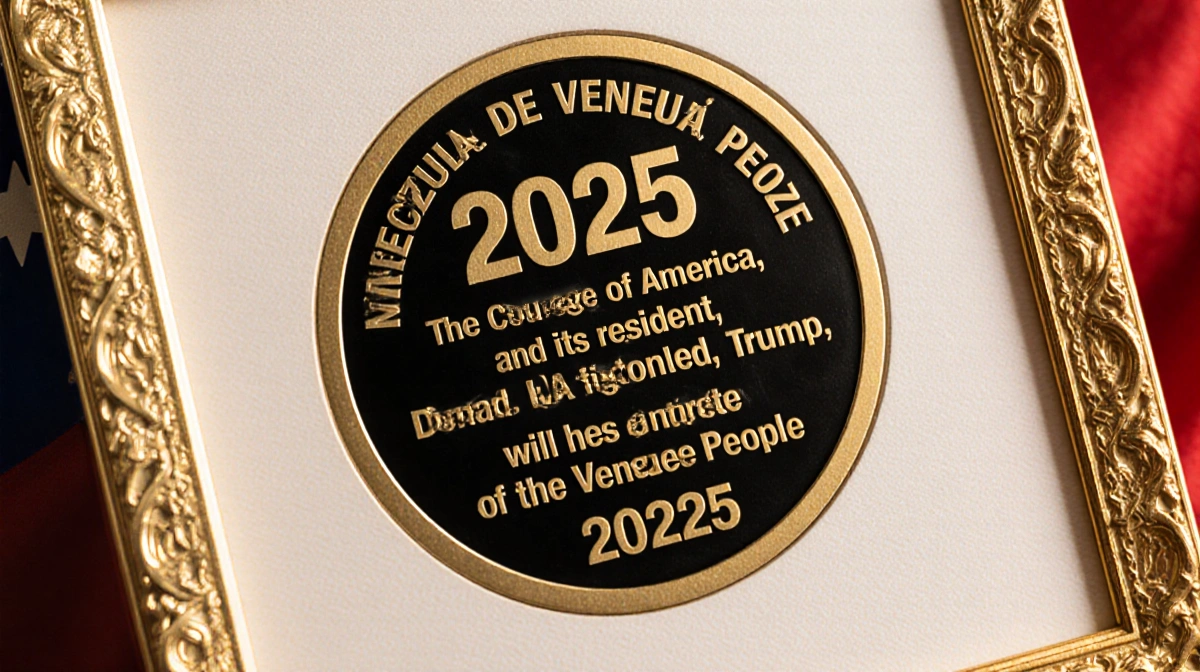 Gold-framed Peace Prize medal honoring Donald Trump with inscription praising American courage and Venezuelan gratitude