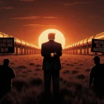 President Trump standing with arms crossed and gazing at a pipeline with protesters holding signs at sunset.