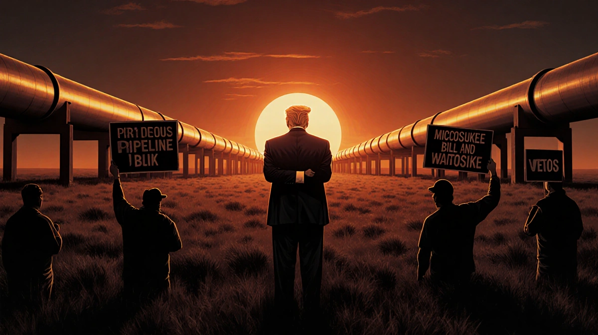 President Trump standing with arms crossed and gazing at a pipeline with protesters holding signs at sunset.