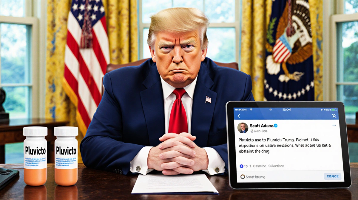 President Trump sits at desk with a tablet showing a request for Pluvicto while two large pills rest beside him.