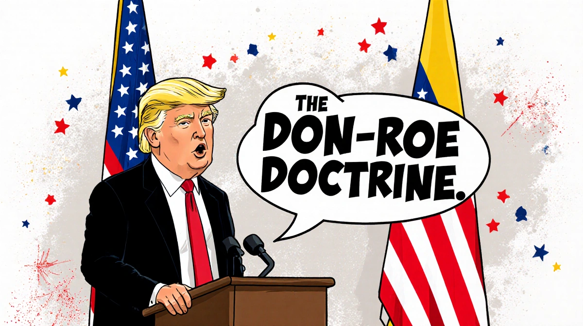 Donald Trump standing at podium with speech bubble reading the Don-roe Doctrine near overlapping US and Venezuelan flags