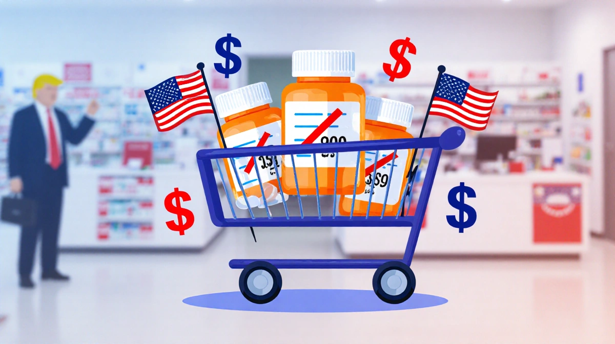 Shopping cart filled with discounted prescription medications showing before and after prices with American flags and dollar 