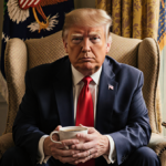 President Trump sitting in plush armchair holding coffee with warm light and fast food packaging in background